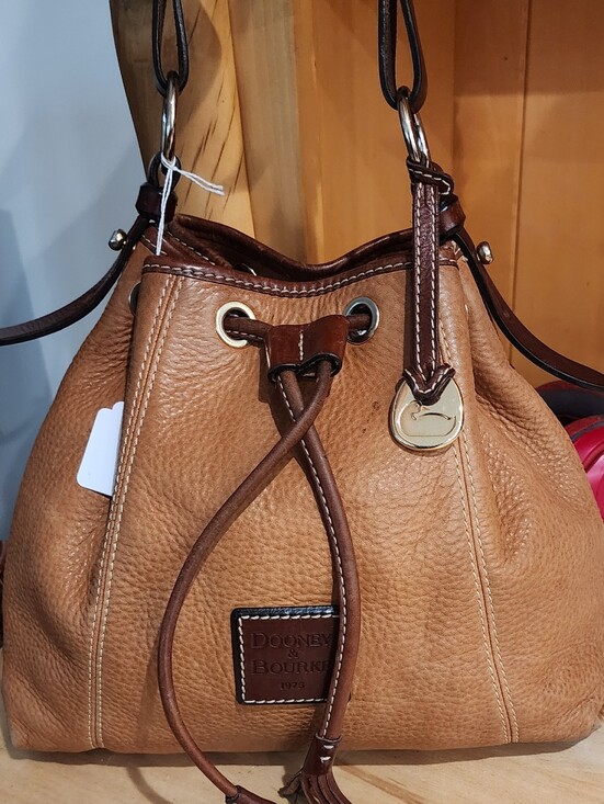 Dooney & Bourke Handbags - Dooney & Bourke Pebble Leather Drawstring Bucket Bag in Cognac
